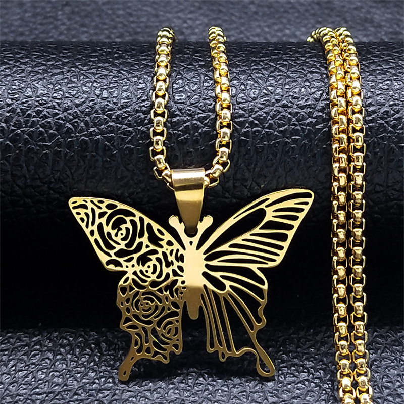 Bar Cart Gold - Aesthetic Butterfly Rose Flower Pendant Necklace